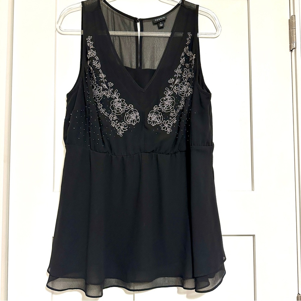Torrid Chiffon Black & Silver Beaded Flare Peplum V-Neck Tank Blouse • 1X